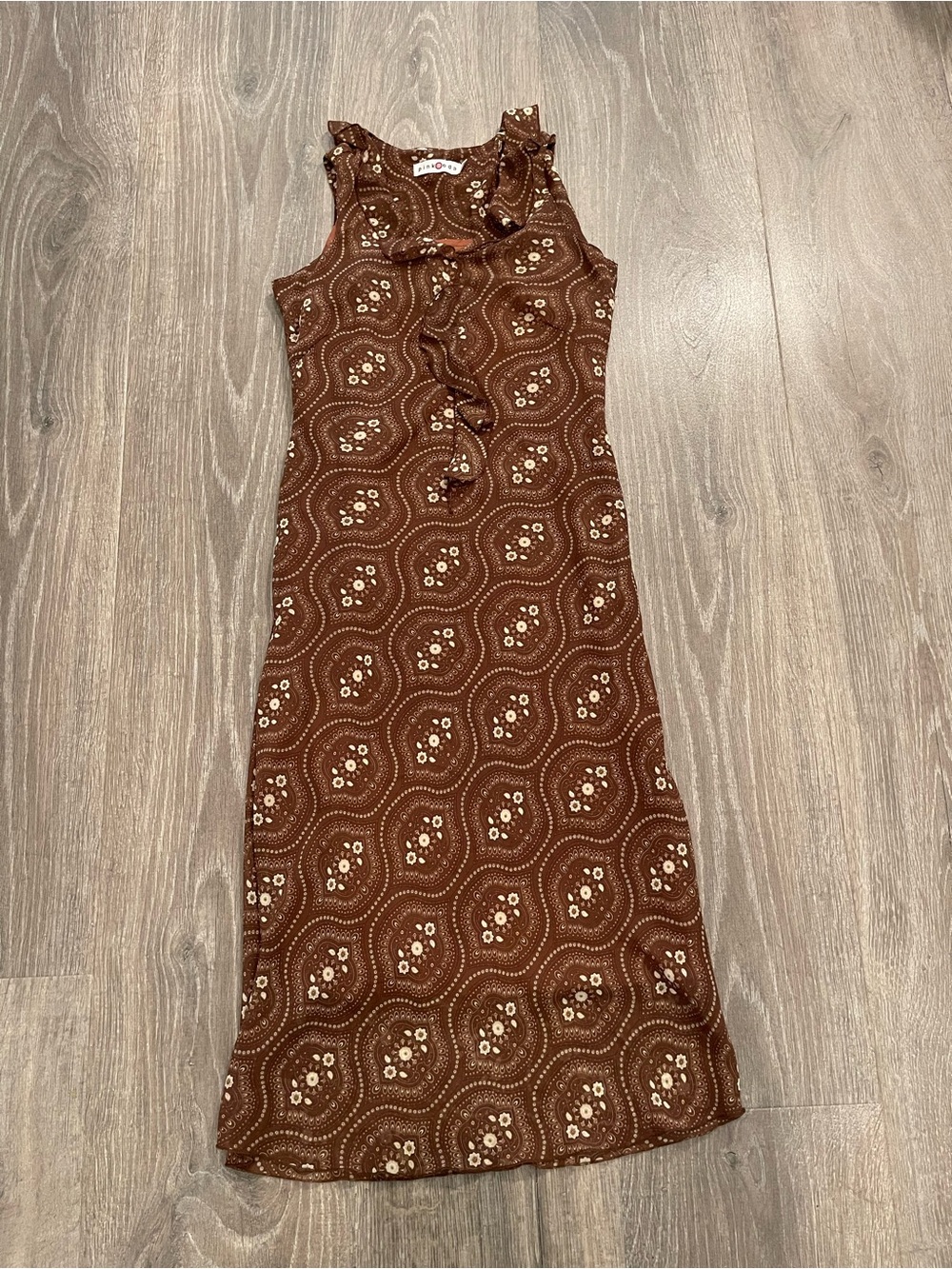 Sleeveless Brown Printed Sheath Dress with Ruffle Neck
